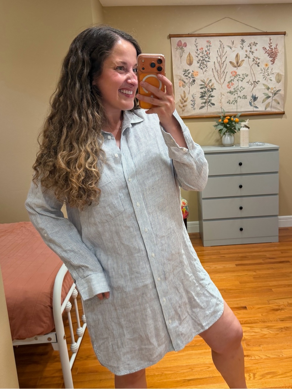Quince Light Blue Striped Linen Mini Shirt Dress Small